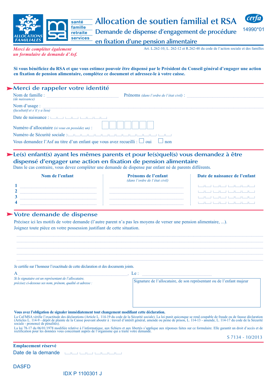 Page 1 du formulaire msa.fr — Demander une dispense d'action en fixation de pension alimentaire (ASF et RSA)