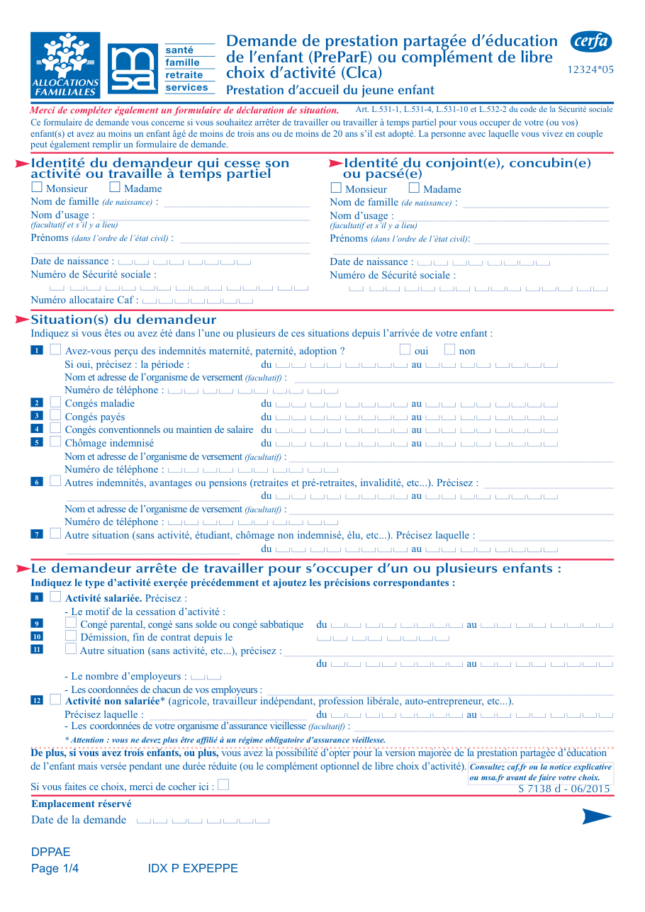 Page 1 du formulaire msa.fr — Demande de prestation partagée d'éducation de l'enfant (PreParE) à la MSA
