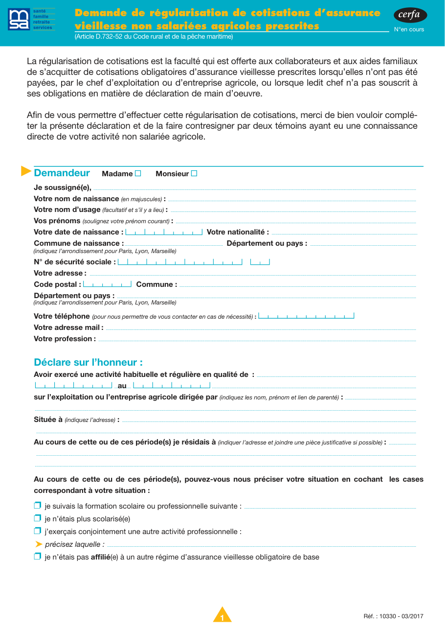 Page 1 du formulaire msa.fr — Régulariser des cotisations vieillesse prescrites de non-salarié agricole (MSA)