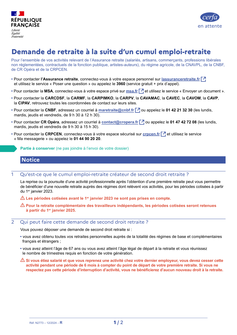Page 1 du formulaire msa.fr — Demander une retraite après un cumul emploi-retraite