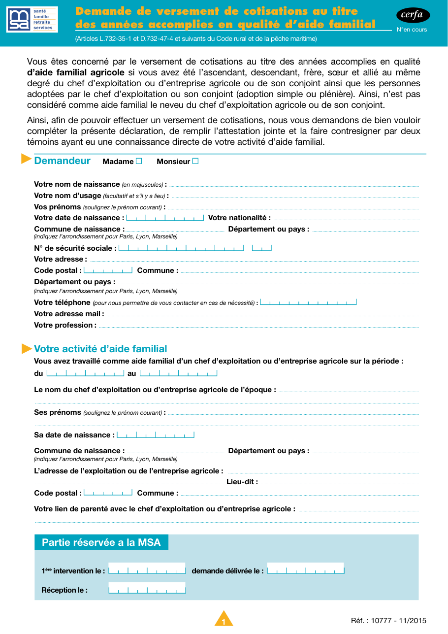 Page 1 du formulaire msa.fr — Verser des cotisations pour des années accomplies comme aide familial agricole