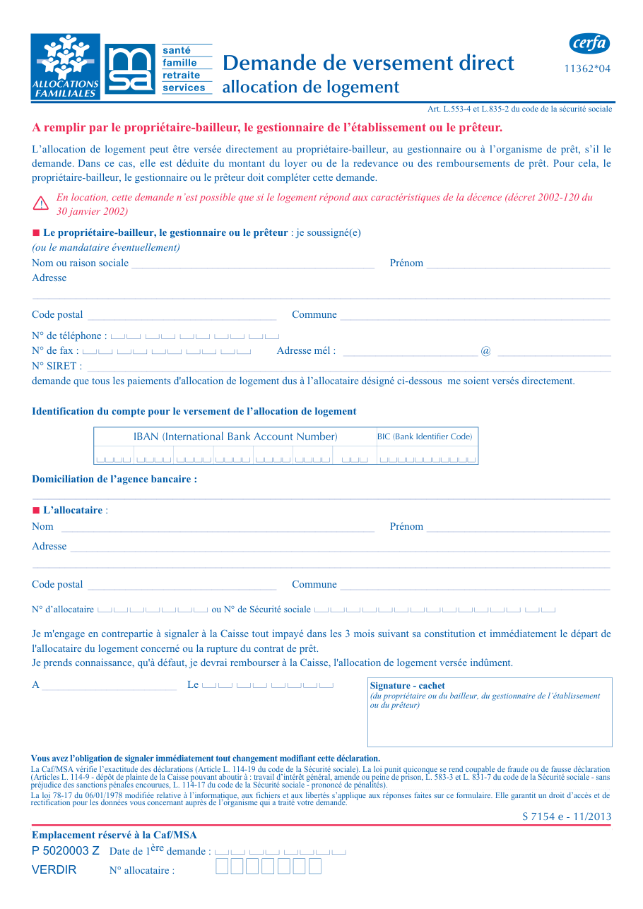 Page 1 du formulaire msa.fr — Demander le versement direct de l'allocation de logement au bailleur ou au prêteur