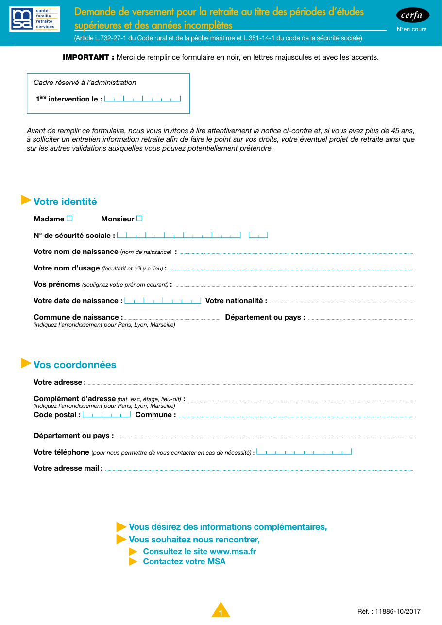 Page 1 du formulaire msa.fr — Verser pour la retraite au titre d'études supérieures ou d'années incomplètes