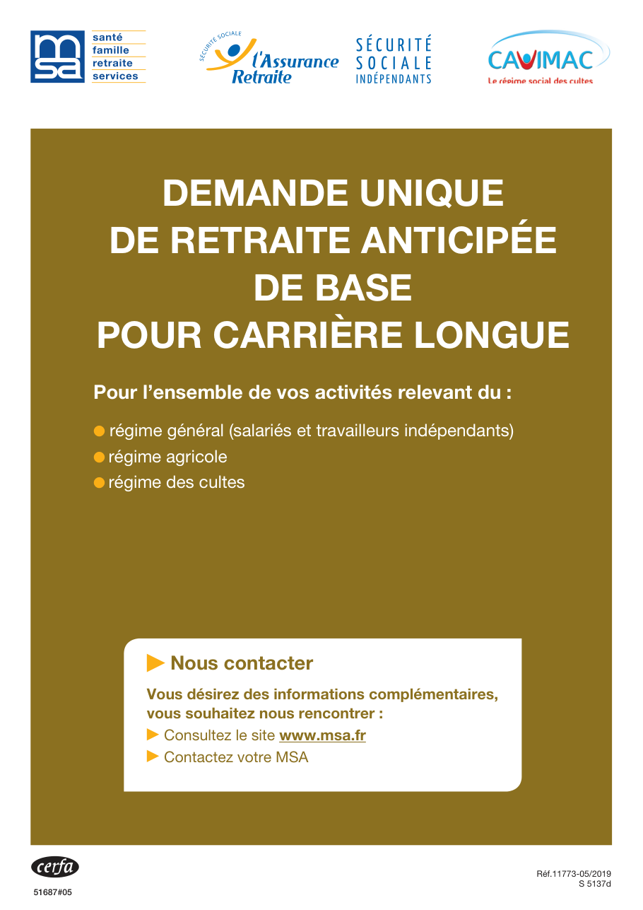 Page 1 du formulaire msa.fr — Demande unique de retraite anticipée de base pour carrière longue