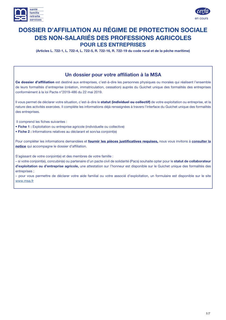 Page 1 du formulaire msa.fr — Dossier d'affiliation à la MSA des non-salariés des professions agricoles