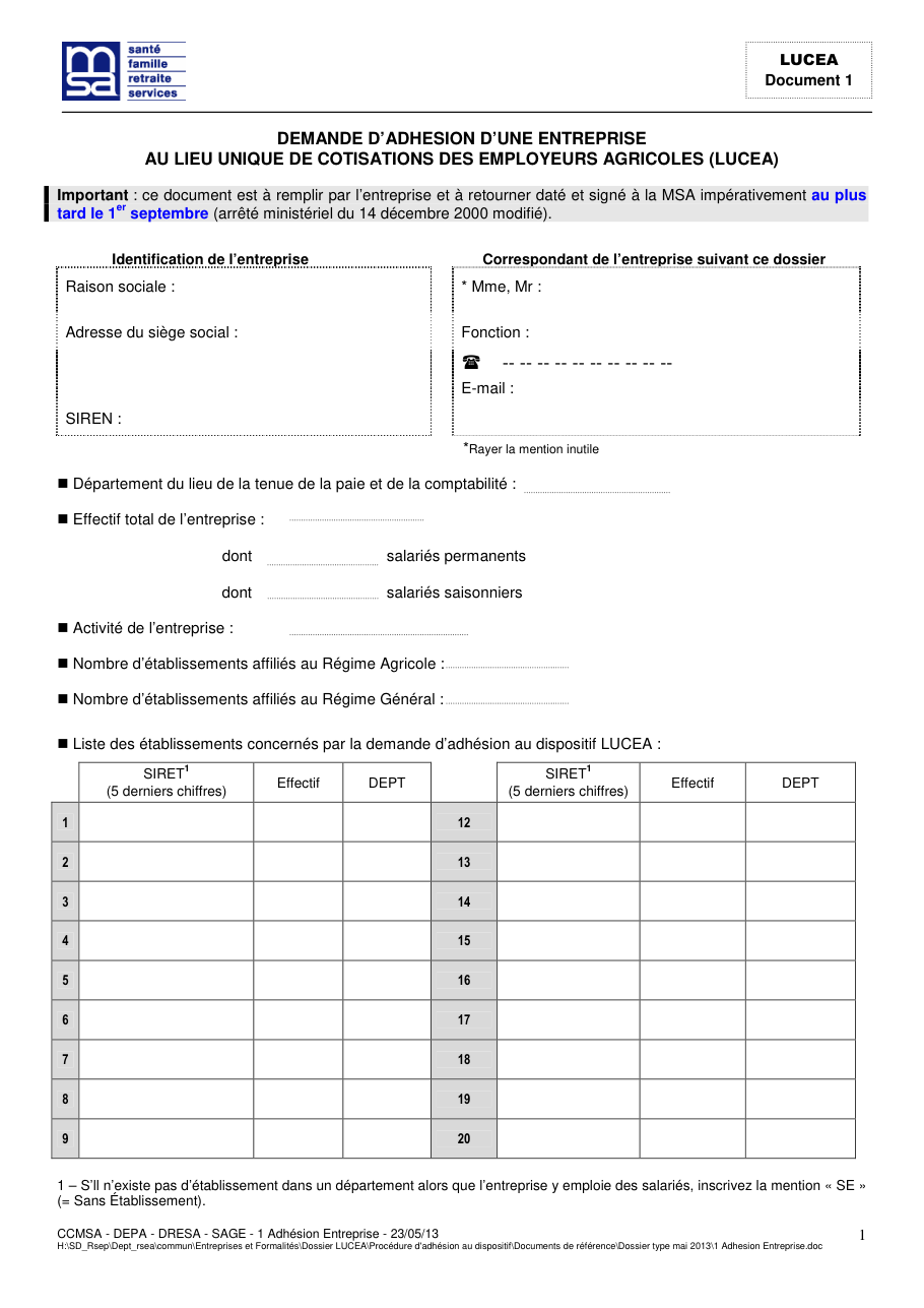 Page 1 du formulaire msa.fr — Adhésion d'une entreprise au lieu unique de cotisations des employeurs agricoles (Lucea)