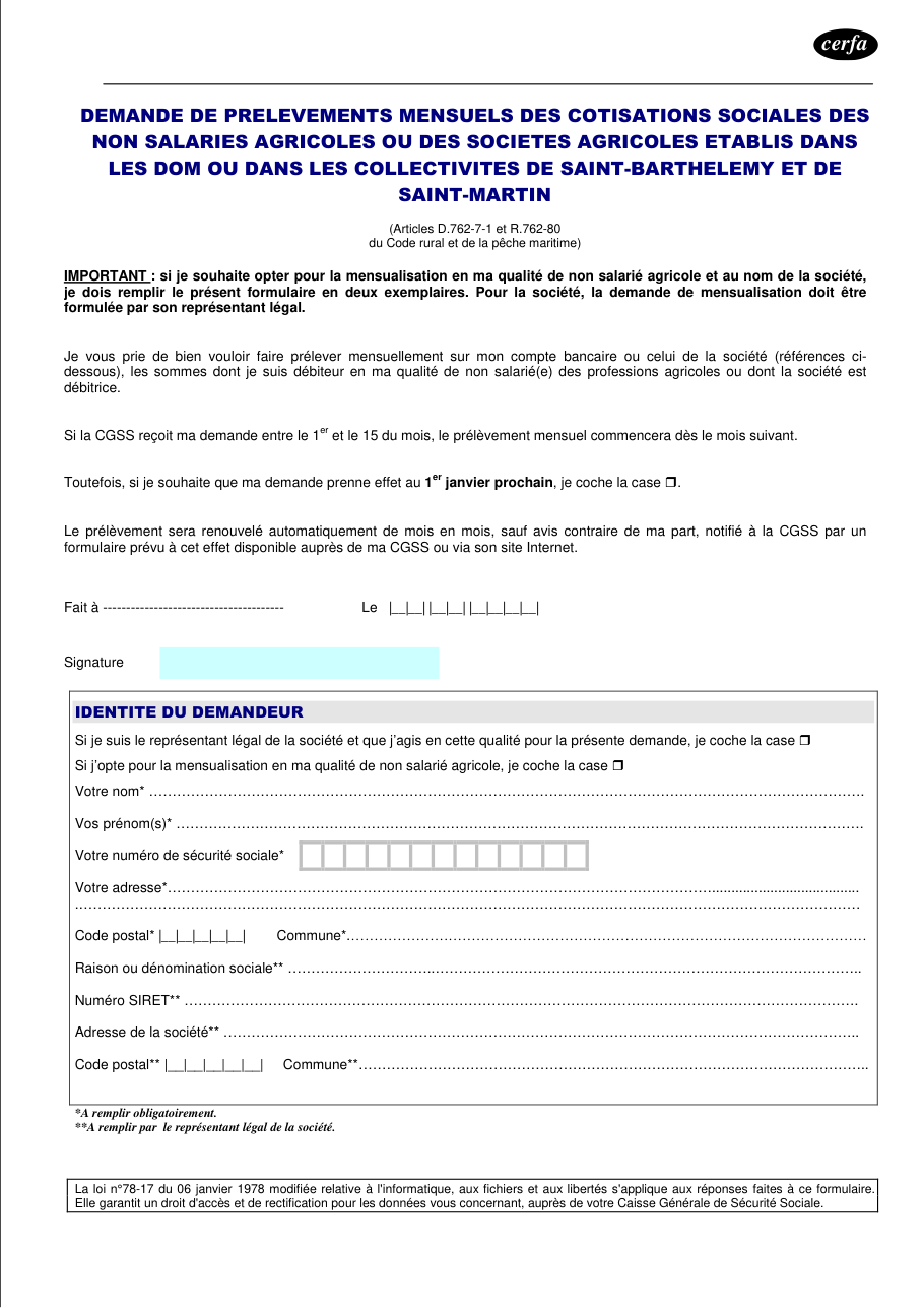 Page 1 du formulaire msa.fr — Demander le prélèvement mensuel des cotisations agricoles dans les DOM, à Saint-Barthélemy et Saint-Martin