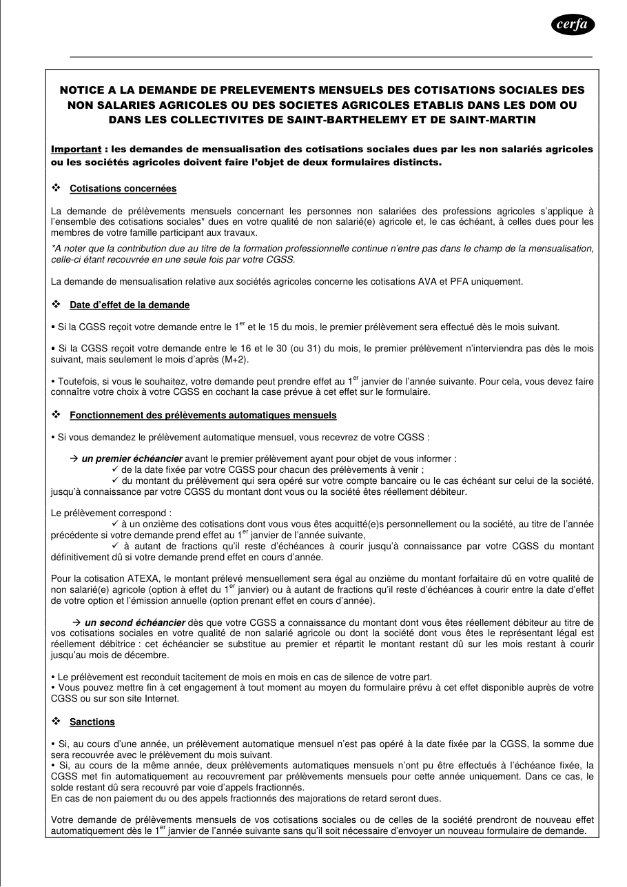 Page 1 du formulaire msa.fr — Notice du prélèvement mensuel des cotisations agricoles dans les DOM et collectivités