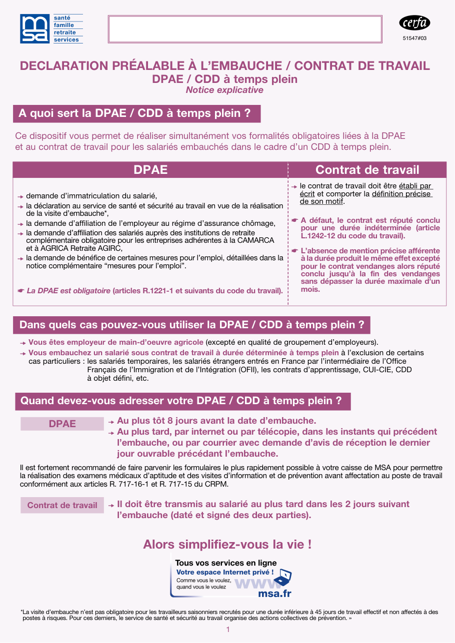 Page 1 du formulaire msa.fr — Notice explicative de la DPAE avec contrat de travail en CDD à temps plein (MSA)