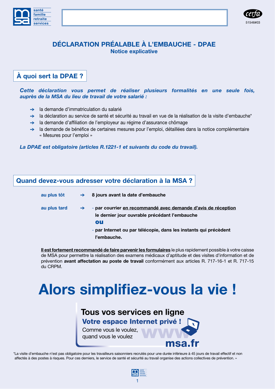 Page 1 du formulaire msa.fr — Notice explicative de la déclaration préalable à l'embauche (DPAE) à la MSA