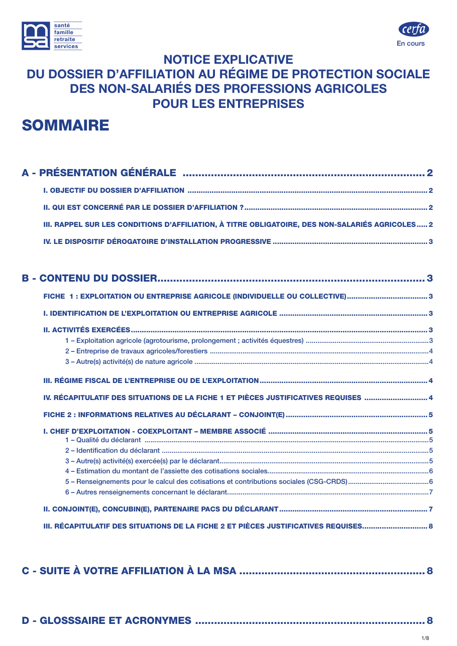 Page 1 du formulaire msa.fr — Notice du dossier d'affiliation à la MSA des non-salariés des professions agricoles