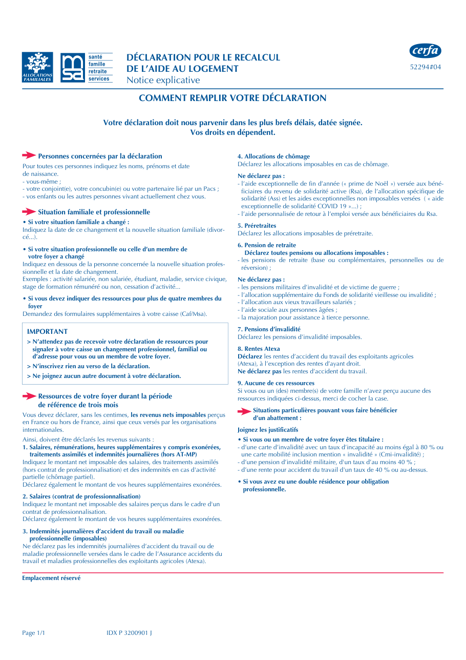 Page 1 du formulaire msa.fr — Notice de la déclaration pour le recalcul de l'aide au logement