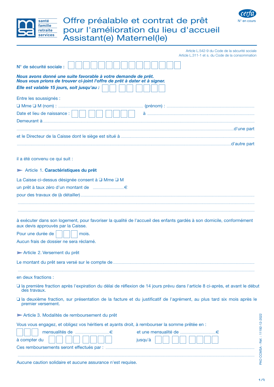 Page 1 du formulaire msa.fr — Offre préalable et contrat de prêt pour l'amélioration du lieu d'accueil d'un assistant maternel