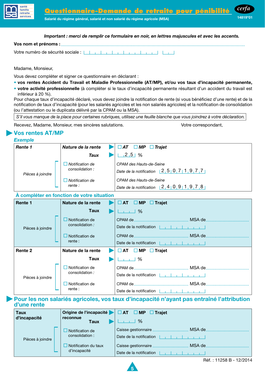 Page 1 du formulaire msa.fr — Questionnaire pour la demande de retraite pour pénibilité