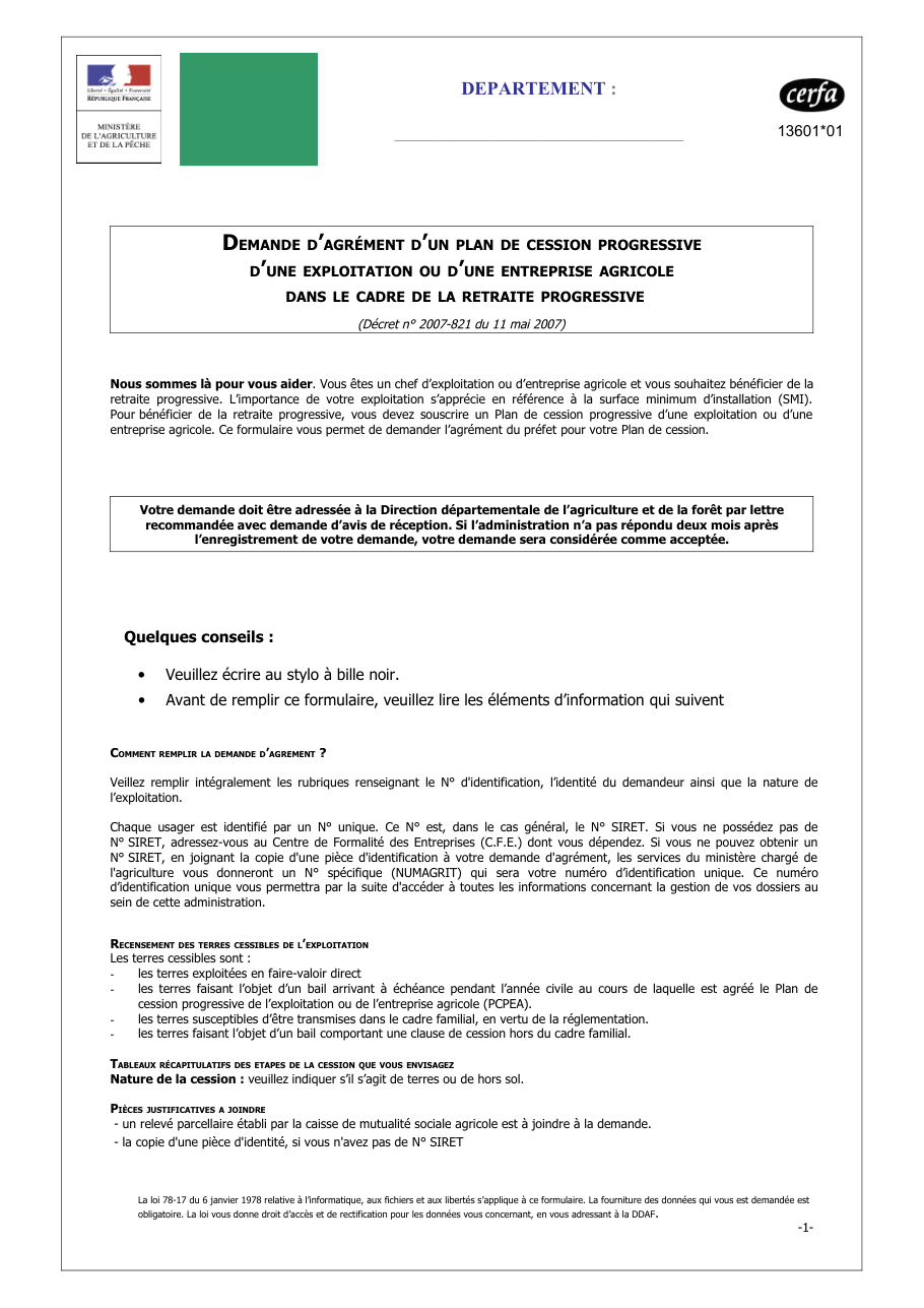 Page 1 du formulaire msa.fr — Demande d'agrément d'un plan de cession progressive d'une exploitation agricole