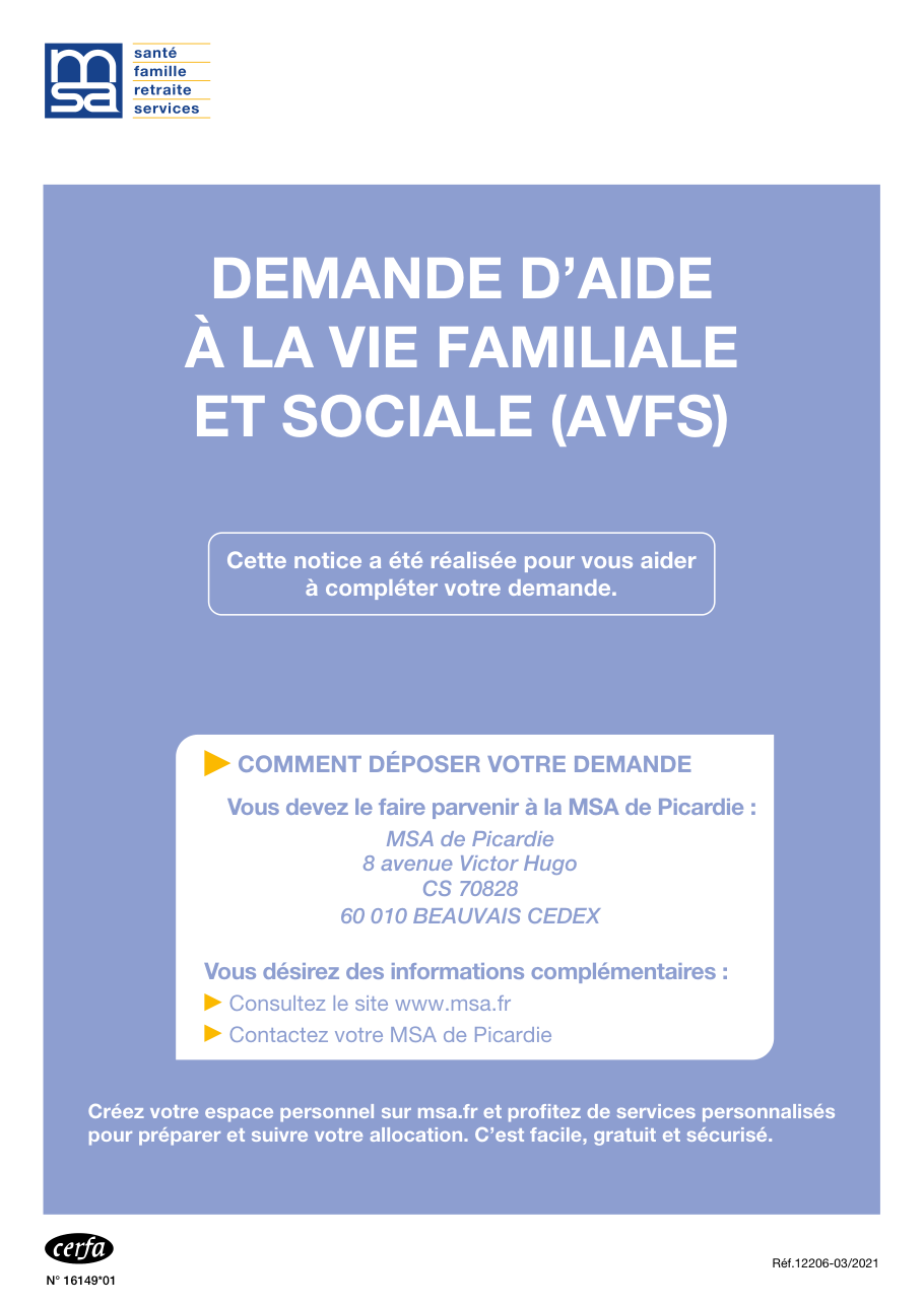 Page 1 du formulaire service-public.fr n° 16149*01 — Demander l'aide à la vie familiale et sociale (AVFS)