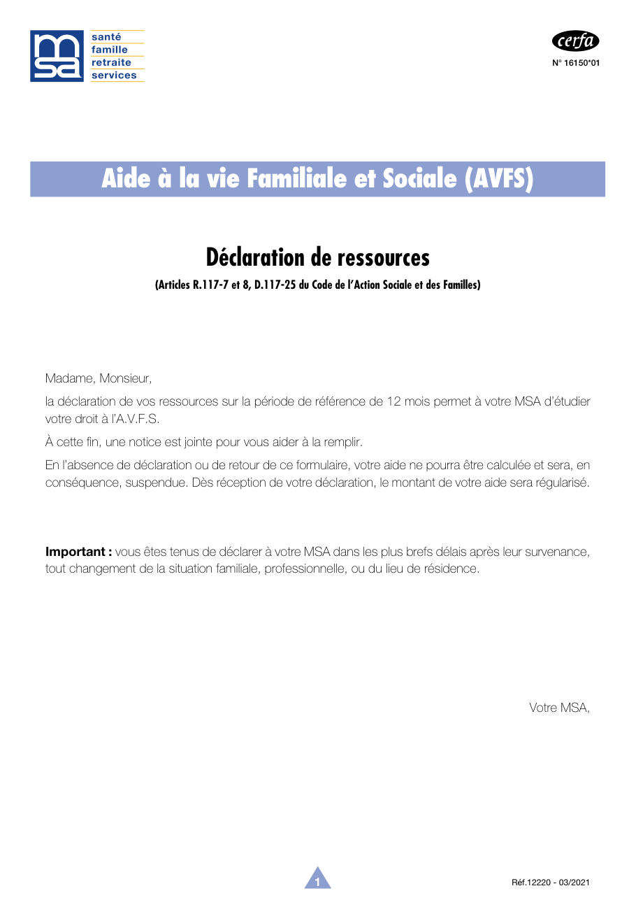 Page 1 du formulaire service-public.fr n° 16150 — Déclarer ses ressources pour l'aide à la vie familiale et sociale