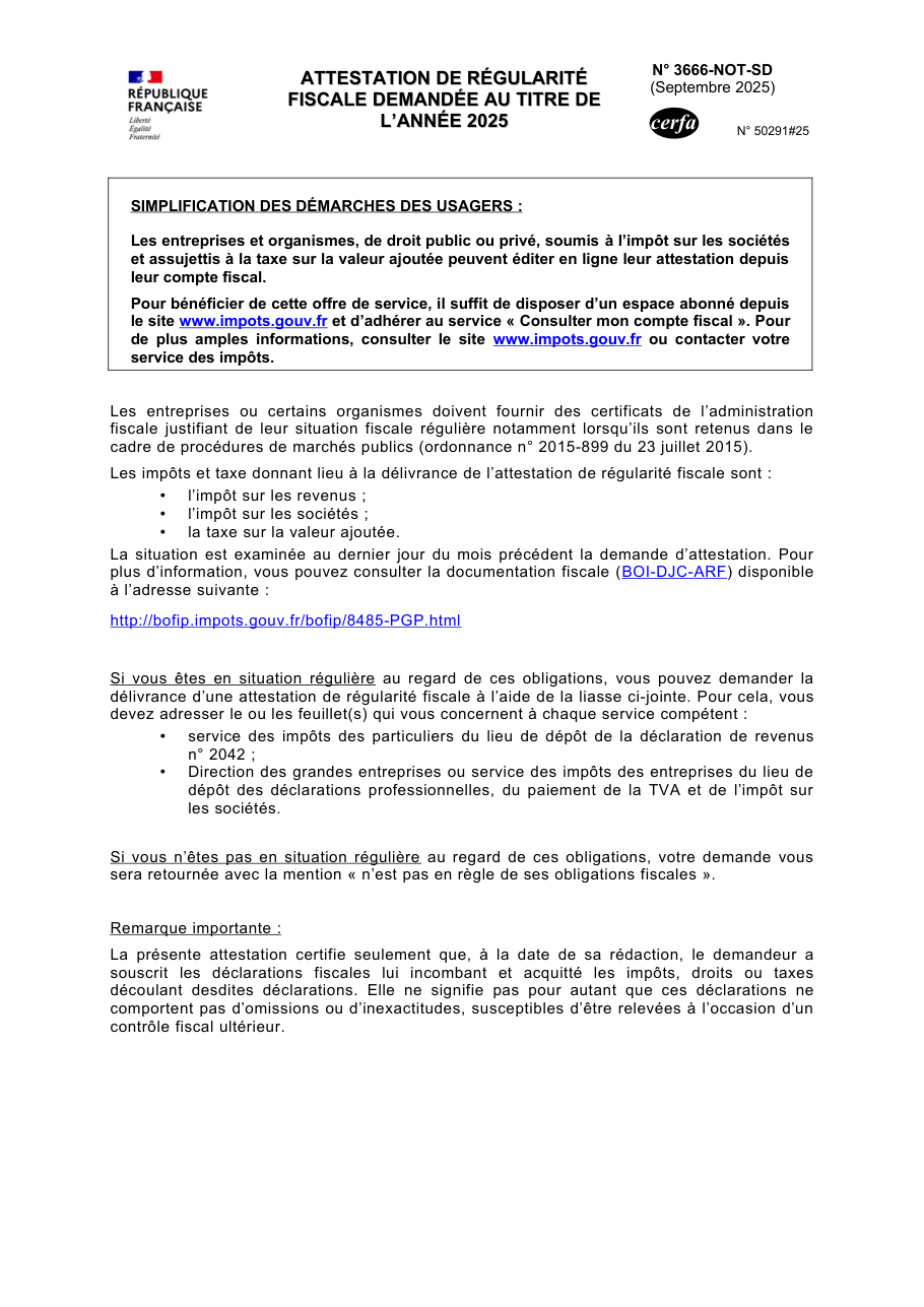Page 1 du formulaire service-public.fr n° 3666-NOT — Obtenir une attestation de régularité fiscale