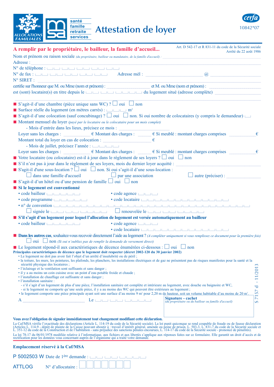 Page 1 du formulaire service-public.fr — Faire remplir l'attestation de loyer pour une aide au logement