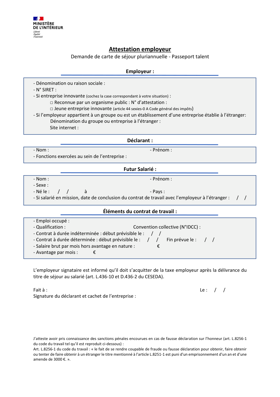 Page 1 du formulaire service-public.fr — Remplir l'attestation employeur d'un passeport talent