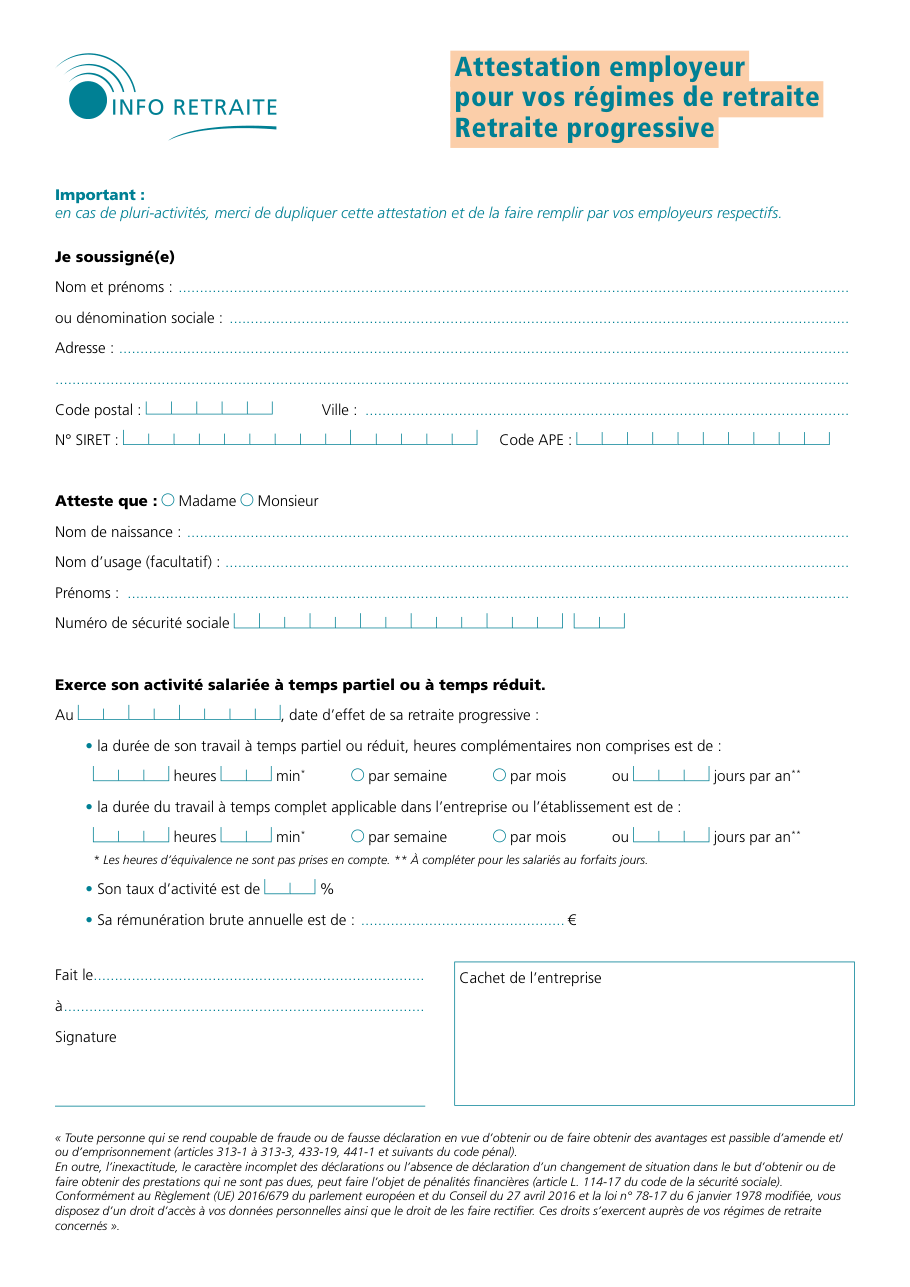 Page 1 du formulaire service-public.fr — Faire attester son temps partiel pour une retraite progressive