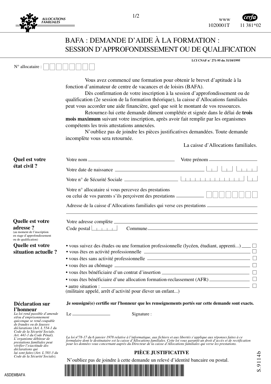Page 1 du formulaire service-public.fr — Demander l'aide de la Caf pour la formation Bafa