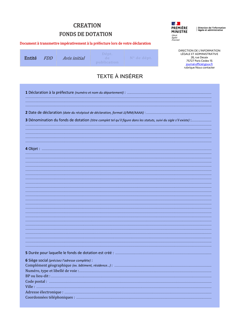 Page 1 du formulaire service-public.fr — Publier la création d'un fonds de dotation au Journal officiel