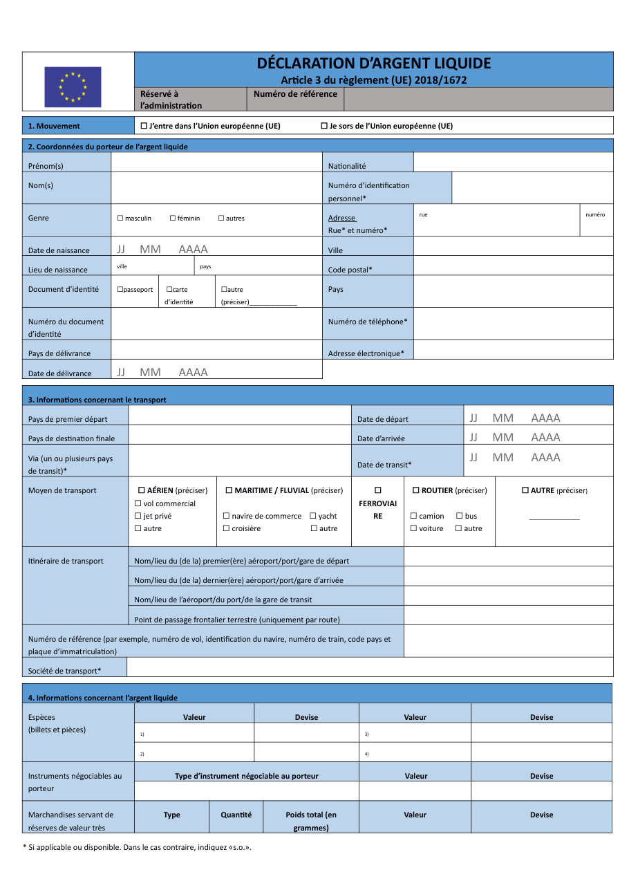 Page 1 du formulaire service-public.fr — Déclarer un transport d'argent liquide hors Union européenne