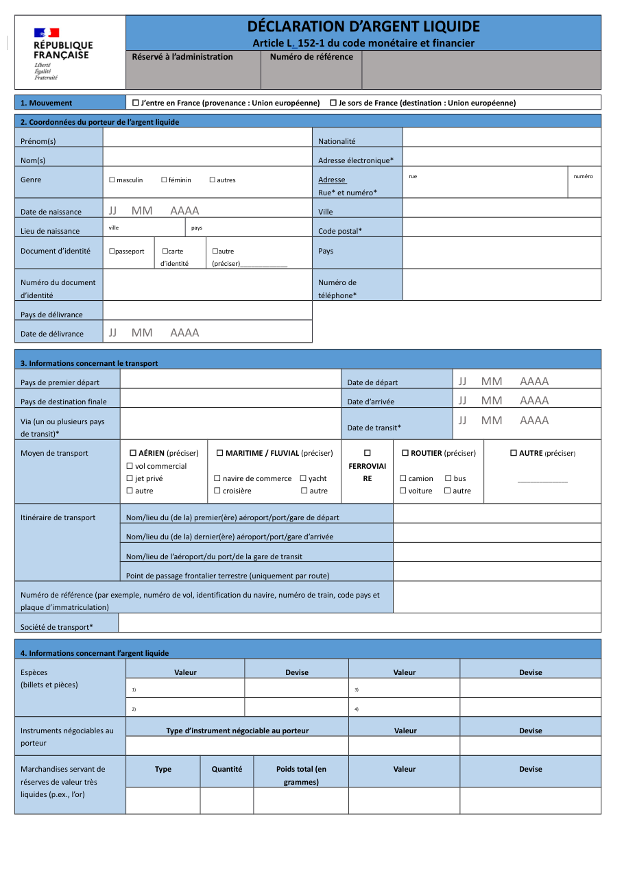 Page 1 du formulaire service-public.fr — Déclarer un transport d'argent liquide entre la France et l'UE