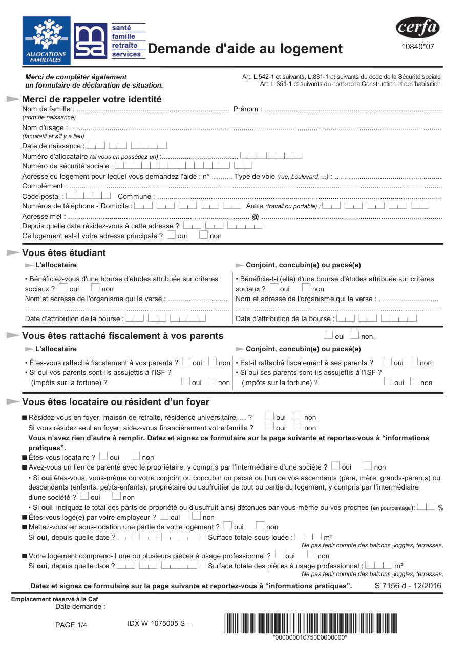 Page 1 du formulaire service-public.fr — Demander une aide au logement (APL, ALF ou ALS)