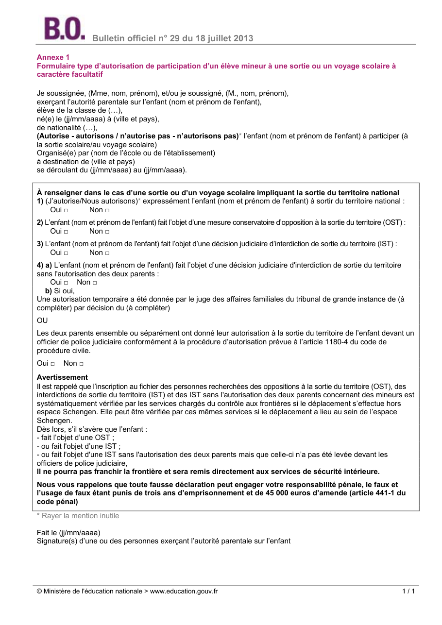 Page 1 du formulaire service-public.fr — Autoriser son enfant à partir en sortie ou voyage scolaire