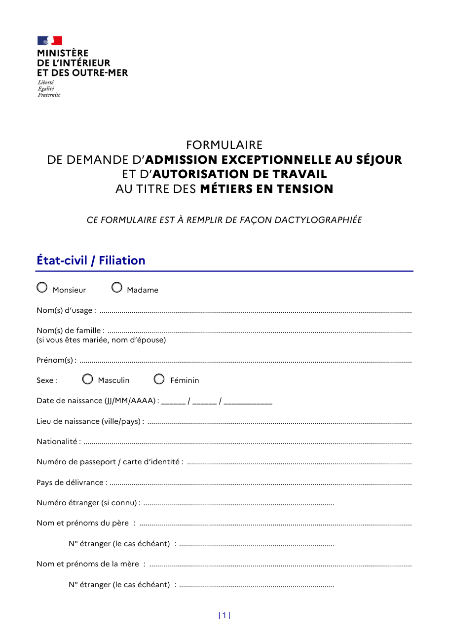 Page 1 du formulaire service-public.fr — Demander une admission au séjour au titre des métiers en tension