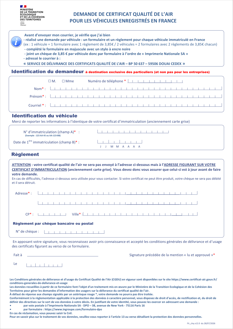 Page 1 du formulaire service-public.fr — Demander un certificat qualité de l'air par courrier