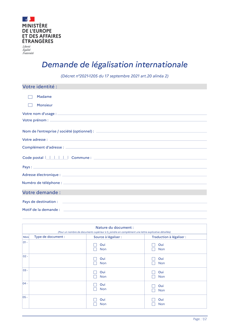 Page 1 du formulaire service-public.fr — Demander la légalisation internationale d'un document