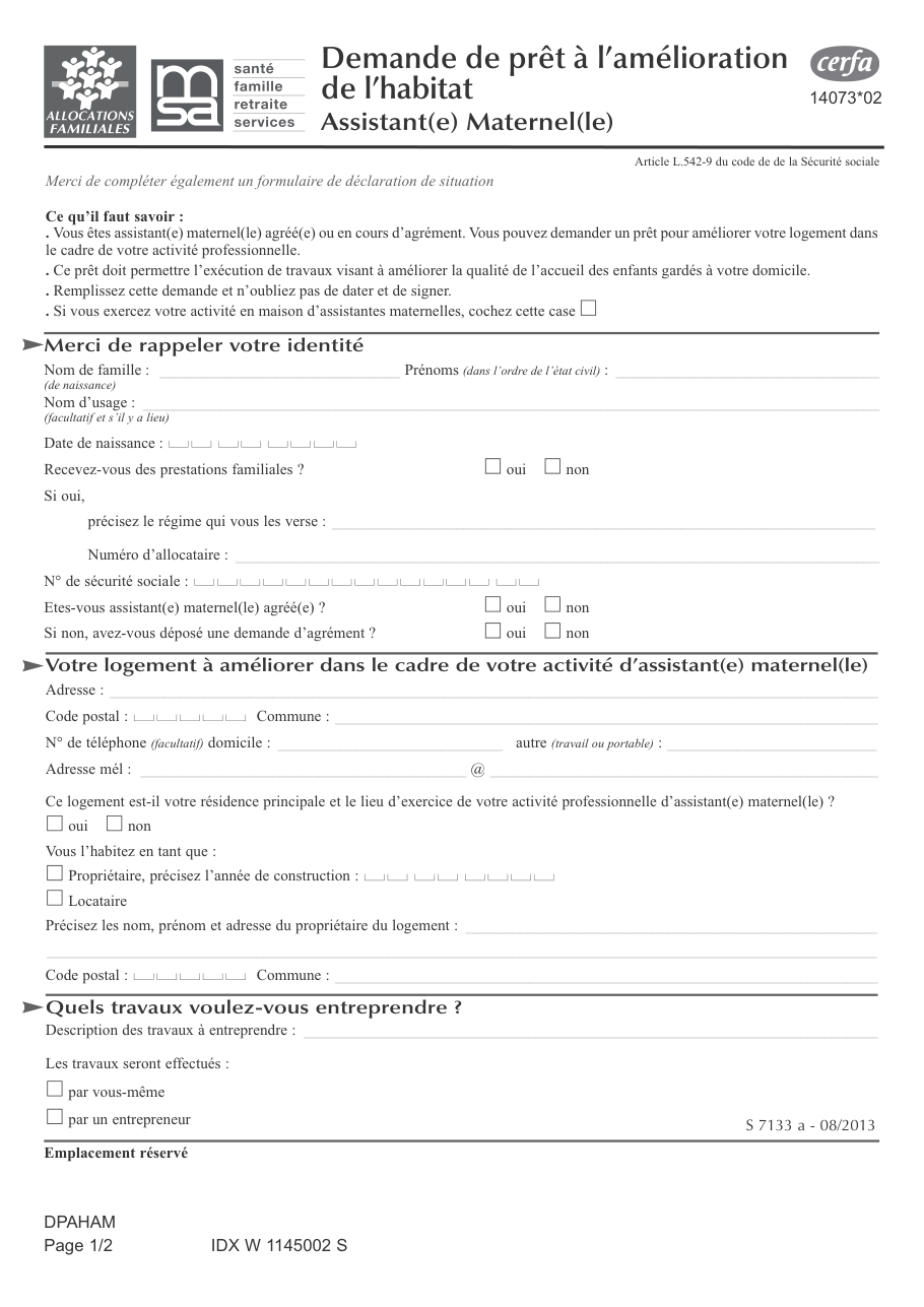 Page 1 du formulaire service-public.fr — Demander un prêt pour améliorer son lieu d'accueil d'assistant maternel