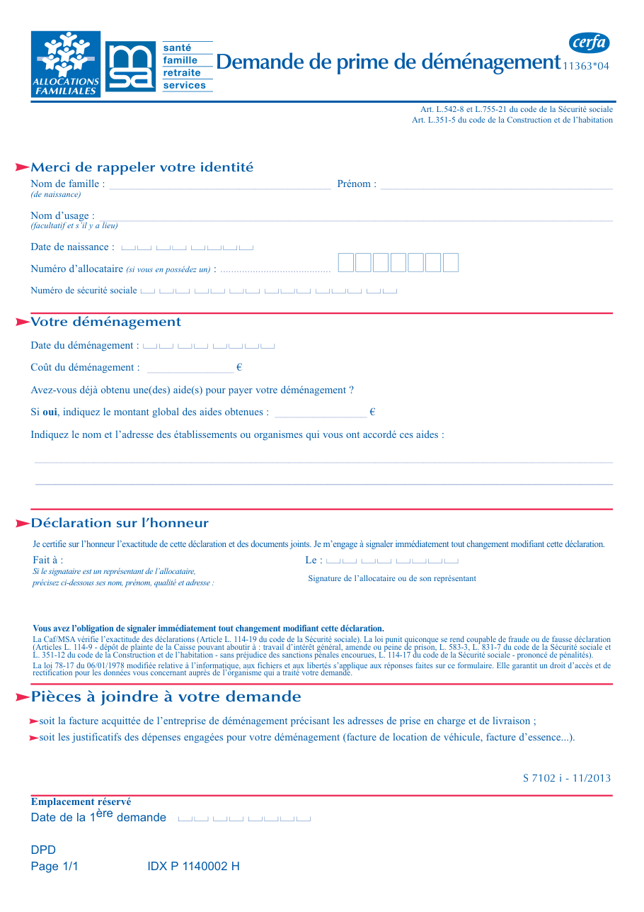 Page 1 du formulaire service-public.fr — Demander la prime de déménagement
