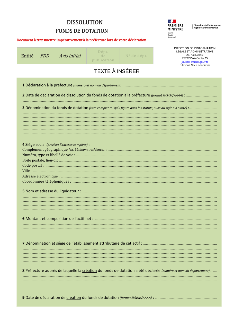 Page 1 du formulaire service-public.fr — Publier la dissolution d'un fonds de dotation