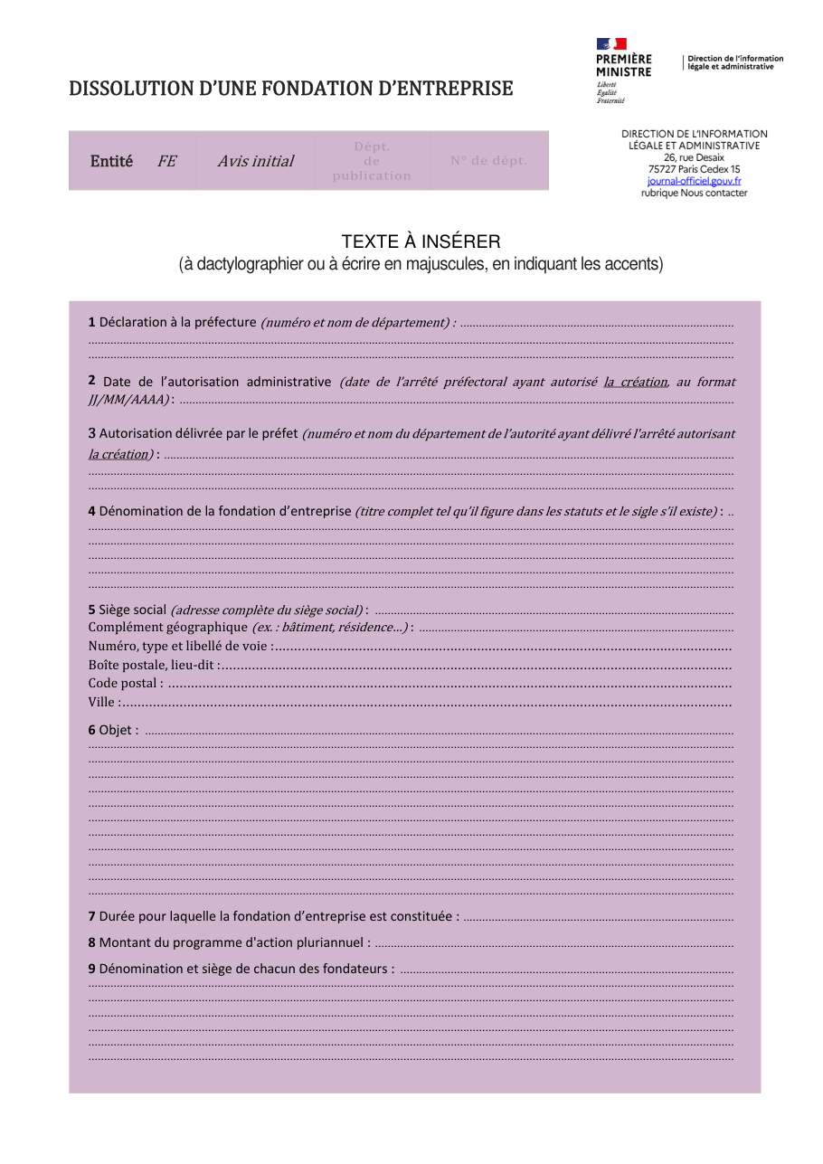 Page 1 du formulaire service-public.fr — Publier la dissolution d'une fondation d'entreprise