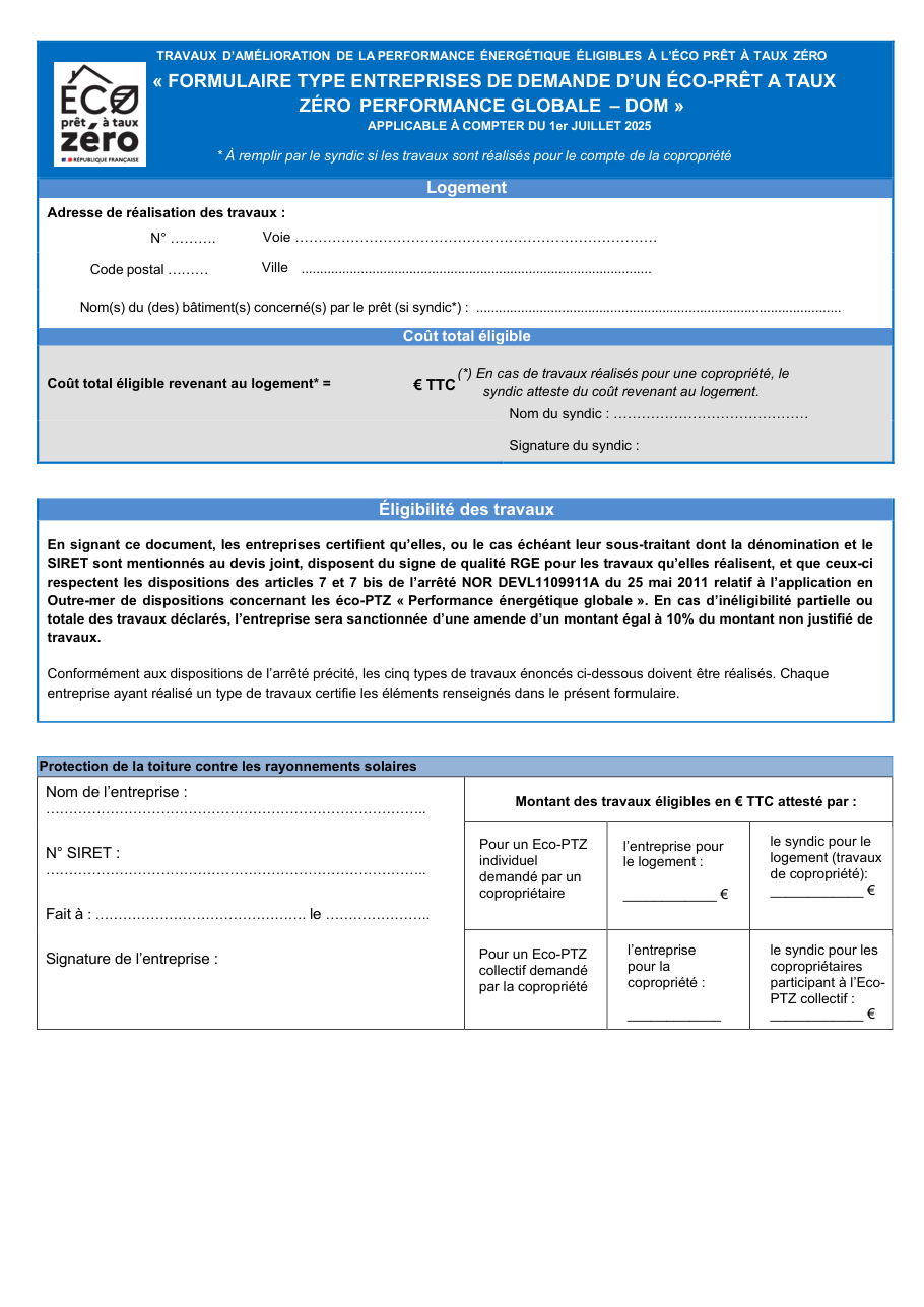 Page 1 du formulaire service-public.fr — Attester une rénovation globale pour un éco-PTZ outre-mer
