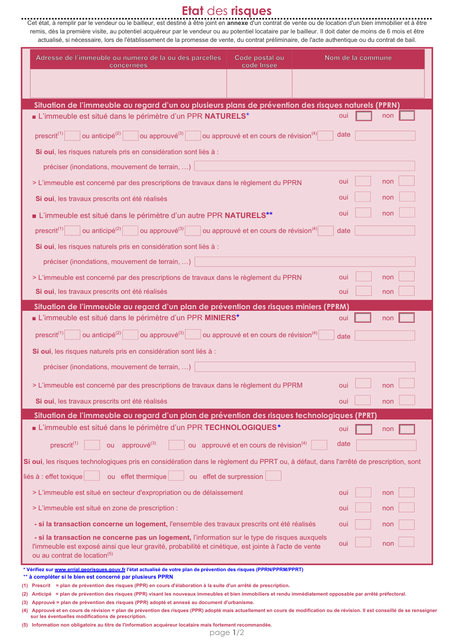 Page 1 du formulaire service-public.fr — Établir l'état des risques d'un bien immobilier