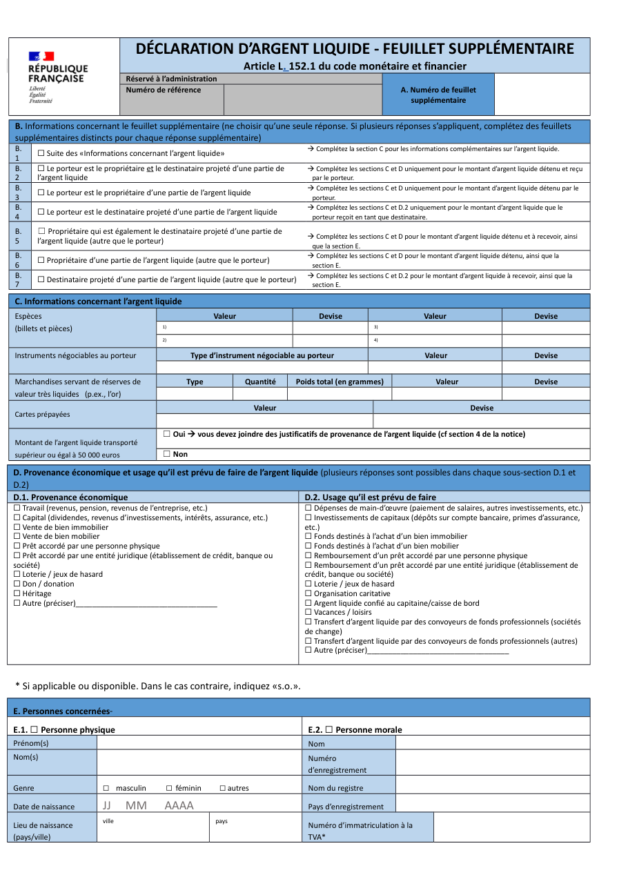 Page 1 du formulaire service-public.fr — Ajouter un feuillet à une déclaration d'argent liquide vers l'UE