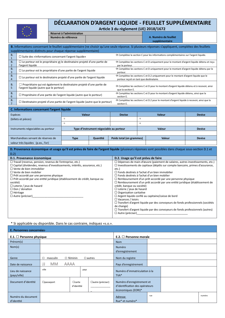 Page 1 du formulaire service-public.fr — Ajouter un feuillet à une déclaration d'argent liquide hors UE