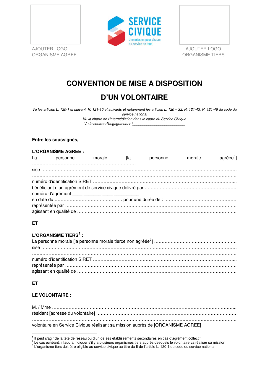 Page 1 du formulaire service-public.fr — Établir la convention de mise à disposition d'un volontaire