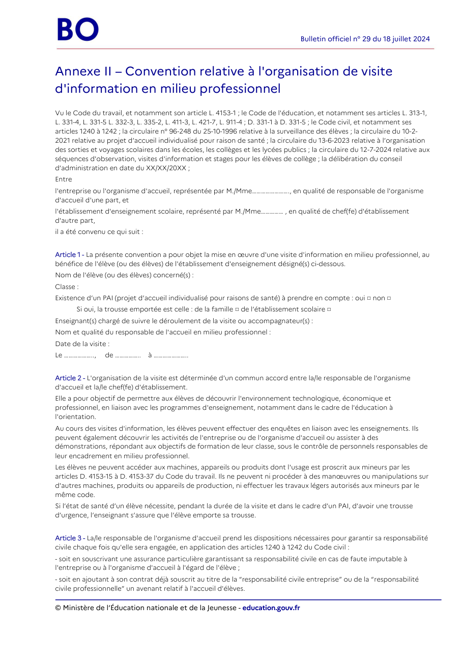 Page 1 du formulaire service-public.fr — Établir la convention d'une visite d'information en entreprise