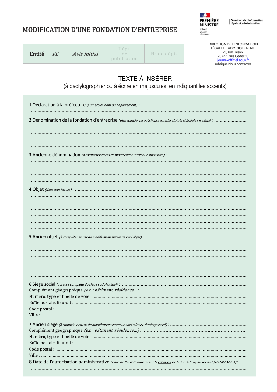 Page 1 du formulaire service-public.fr — Publier la modification d'une fondation d'entreprise