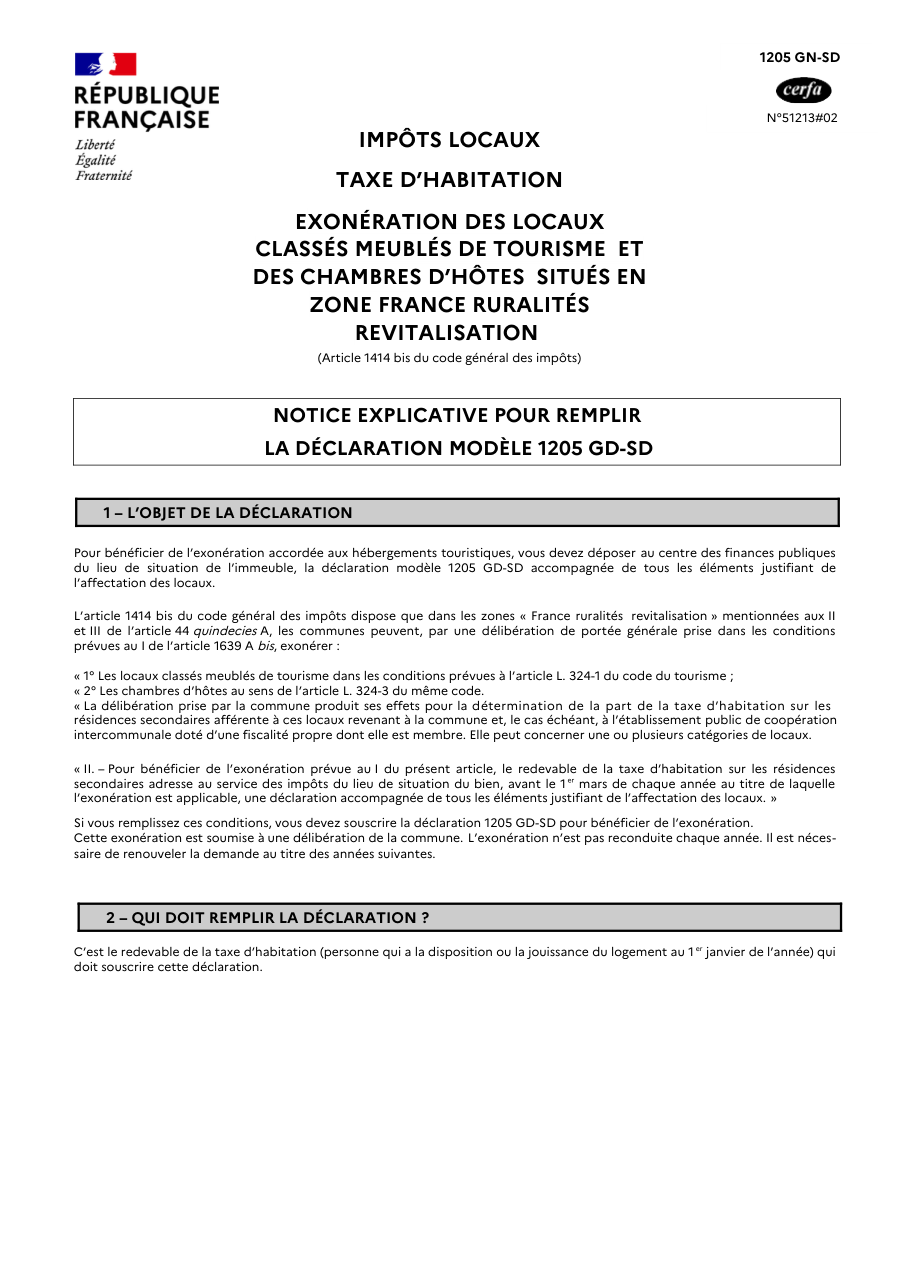 Page 1 du formulaire service-public.fr — Faire exonérer un meublé de tourisme de taxe d'habitation