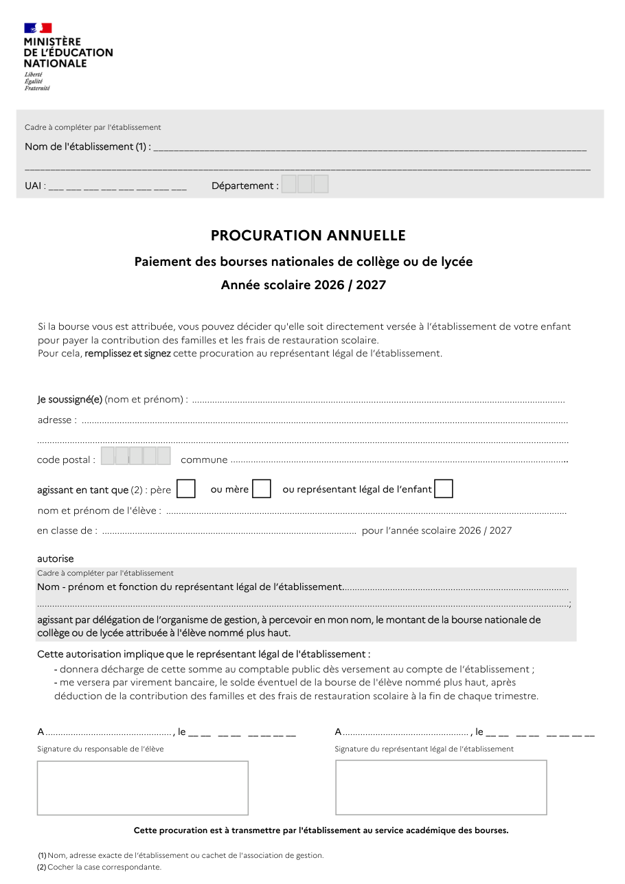 Page 1 du formulaire service-public.fr — Faire verser la bourse de son enfant à l'établissement