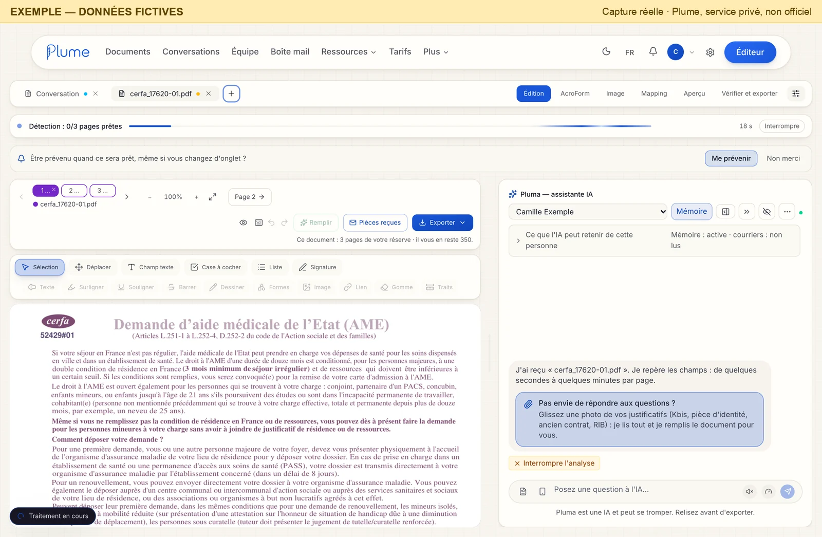L'éditeur de Plume pendant l'analyse : une barre indique « Détection : 0/3 pages prêtes », la page 1 du cerfa 17620 s'affiche à gauche, et l'assistante Pluma annonce à droite qu'elle a reçu le document et qu'elle repère les champs.