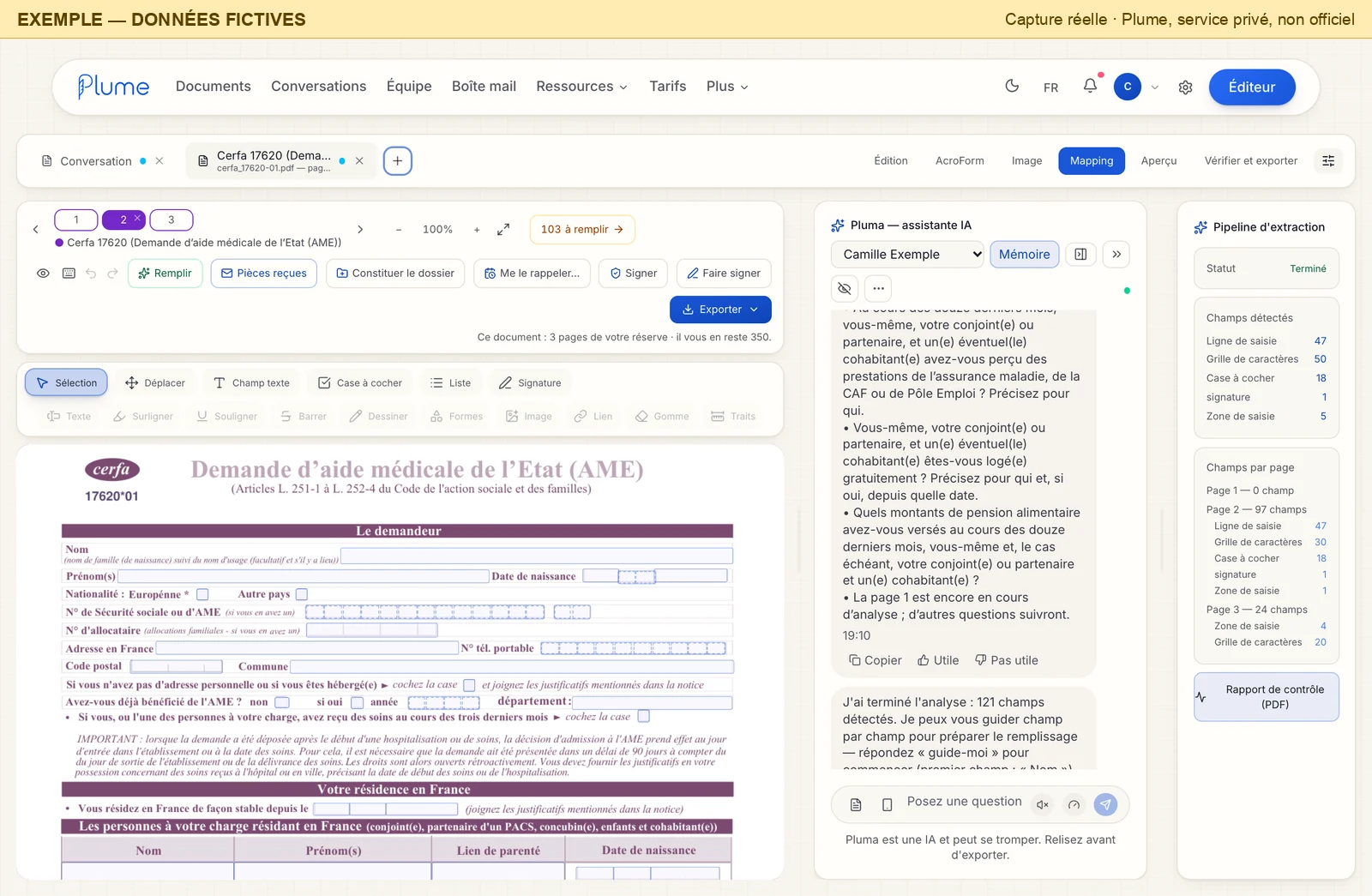 Vue « Mapping » de l'éditeur : la page 2 et ses champs encadrés à gauche, la conversation avec Pluma au centre, et à droite le panneau « Pipeline d'extraction » — statut Terminé ; champs détectés : 47 lignes de saisie, 50 grilles de caractères, 18 cases à cocher, 1 signature, 5 zones de saisie ; page 1 : 0 champ, page 2 : 97, page 3 : 24.