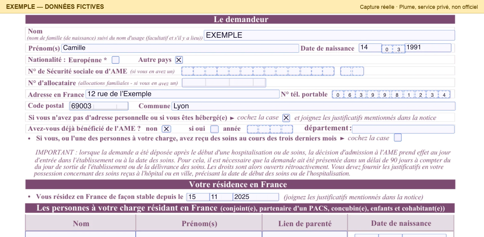 Le haut de la page 2 rempli dans l'éditeur : nom EXEMPLE, prénom Camille, date de naissance 14 03 1991 dans ses trois groupes de cases, « Autre pays » coché, 12 rue de l'Exemple, téléphone 06 39 98 12 34 case par case, code postal 69003, commune Lyon, case « hébergé(e) » cochée, « non » à l'AME, résidence en France depuis le 15 11 2025.